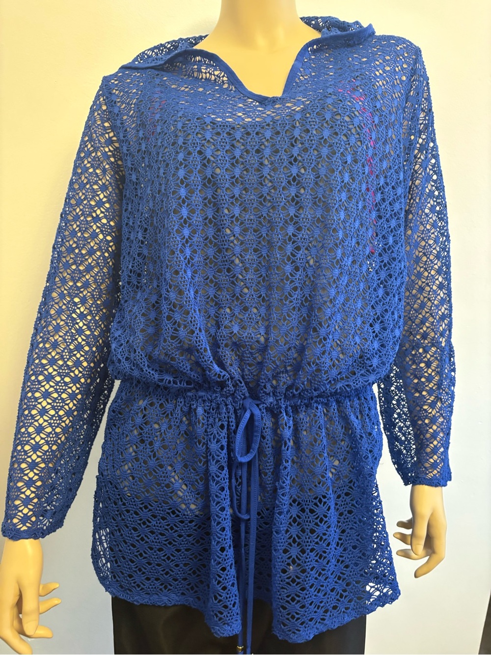 AQUA Royal Blue open Knit, crochet look Hooded Swim Cover-Up Tunic, Sz L.